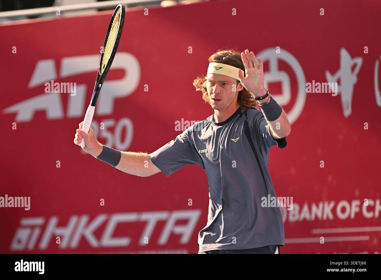 Tennis Ru Andrey Rublev, a Russian tennis player, during a match at the Hong Kong ...