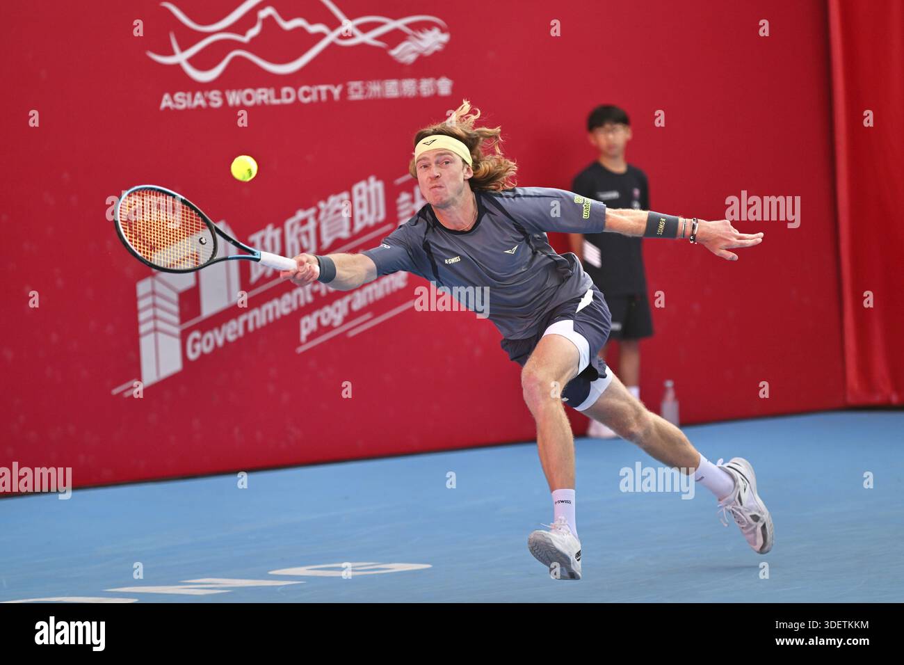 Tennis Ru Andrey Rublev, a Russian tennis player, during a match at the Hong Kong ...