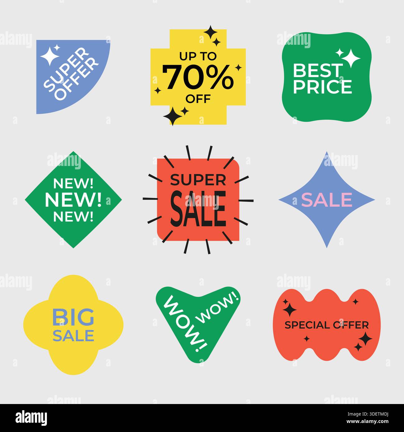 Retro funky style shopping stickers set. Sale tag colorful geometric shapes Stock Vector