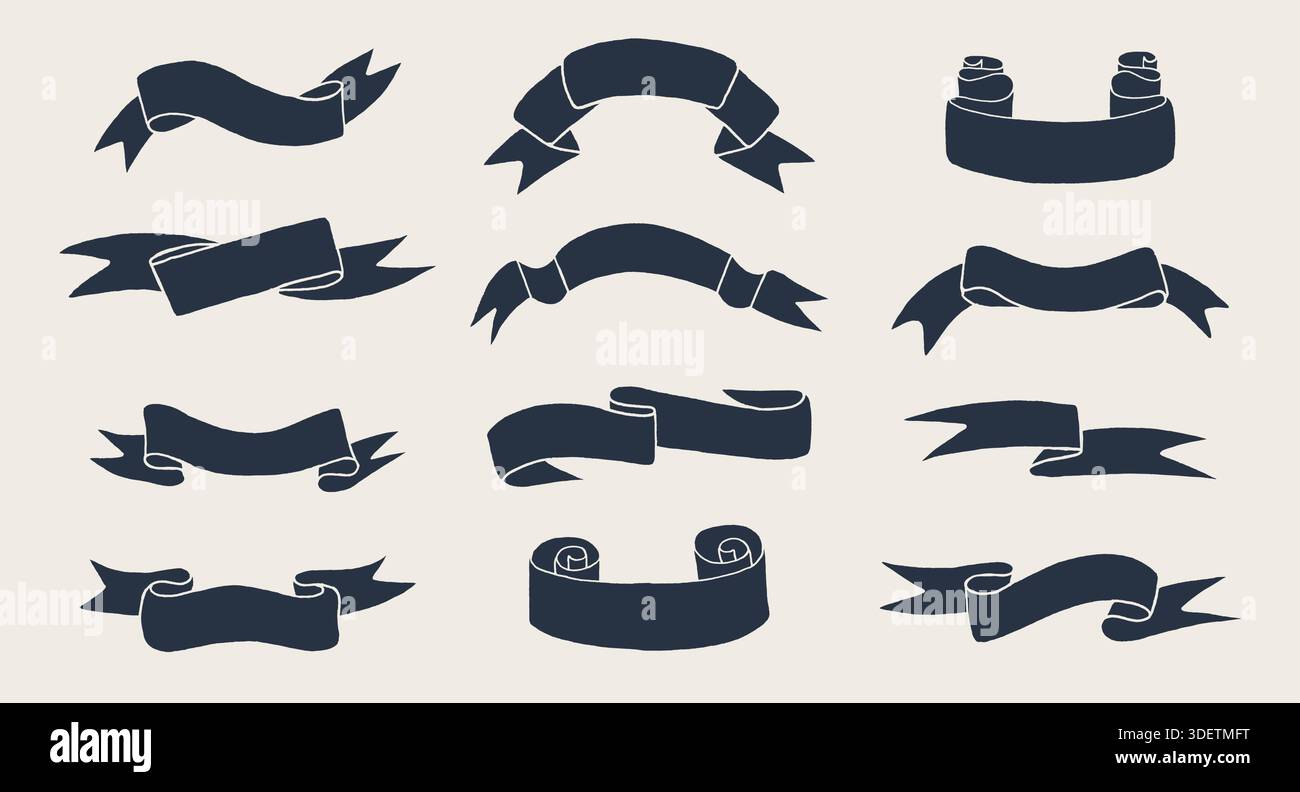 Hand drawn black ribbon banners icon set Stock Vector