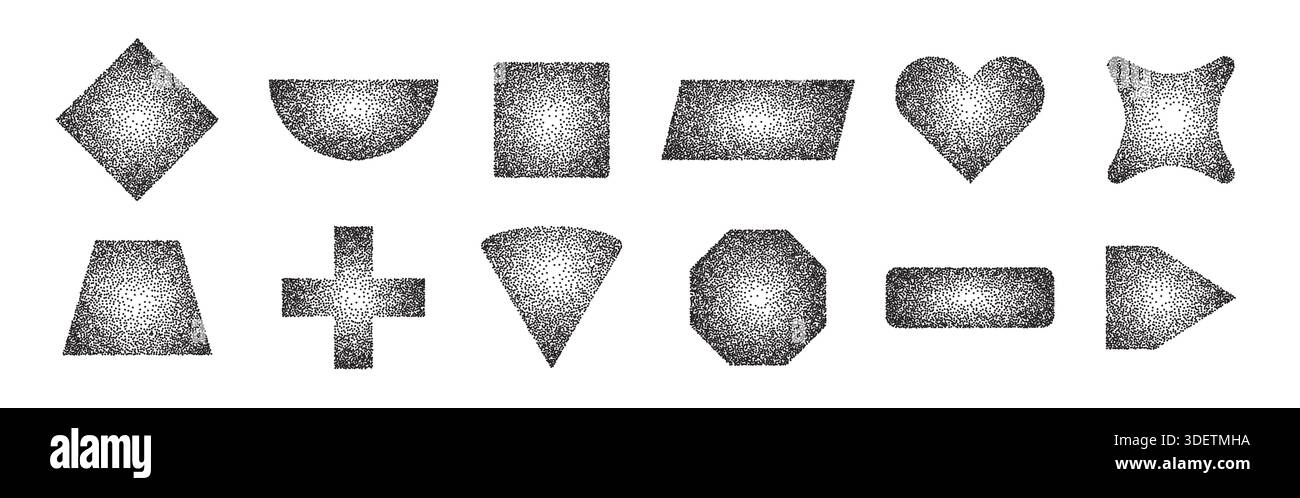 Dotted halftone geometric shapes set. Sand effect stipple dotwork Stock Vector