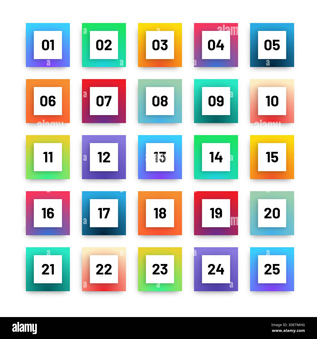 Number bullet points 1 to 25. Trendy gradient markers vector set Stock Vector