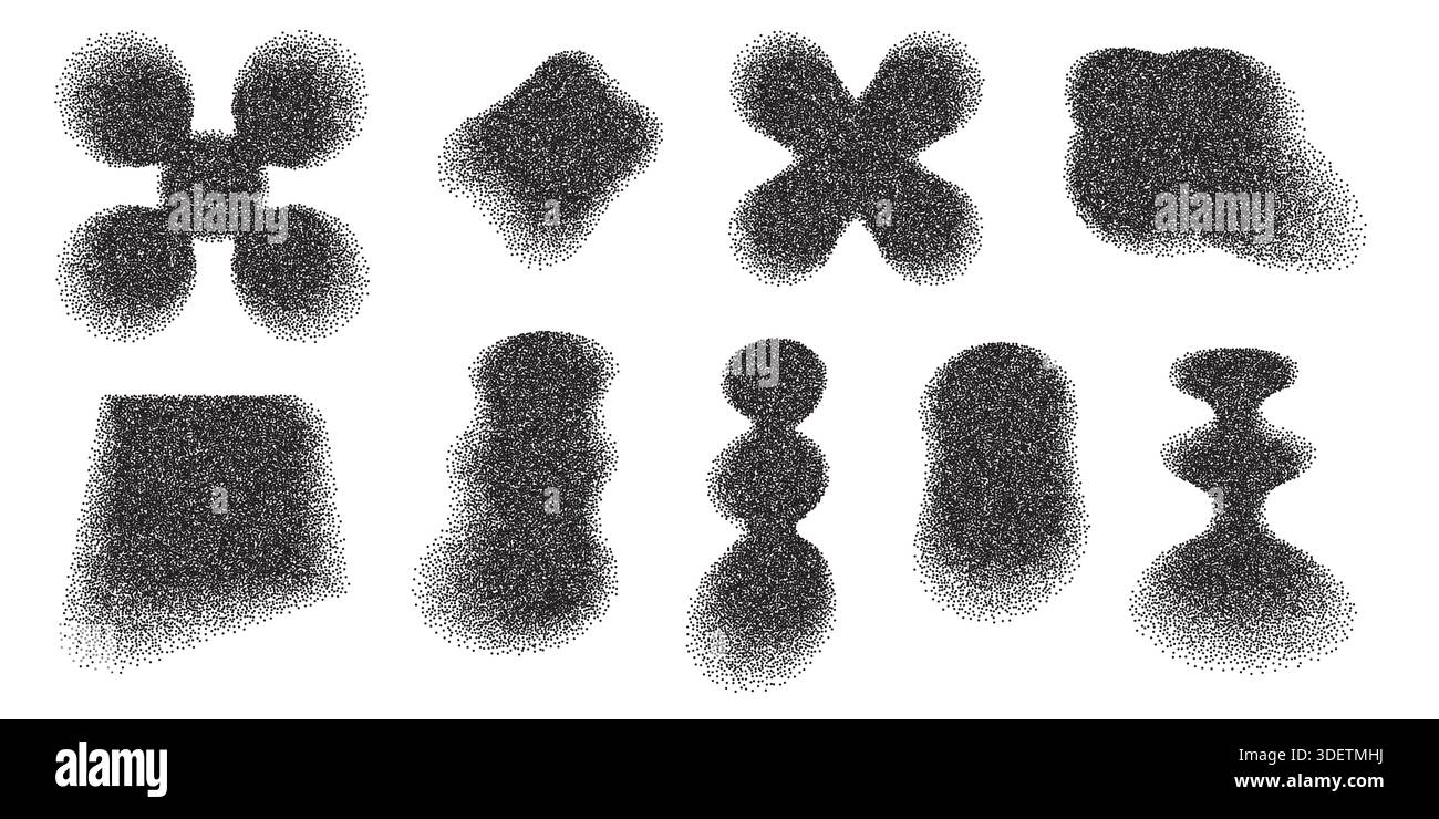 Dotwork abstract minimalistic geometric elements set. Stipple shadows collection Stock Vector