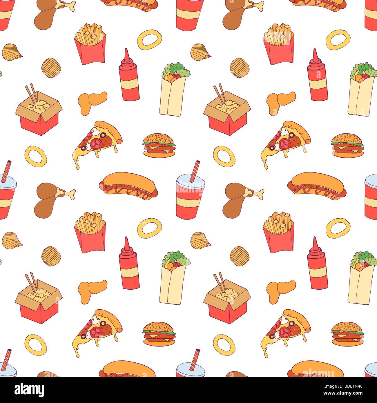 Doodle fast food seamless pattern. Junk meals background. Stock Vector