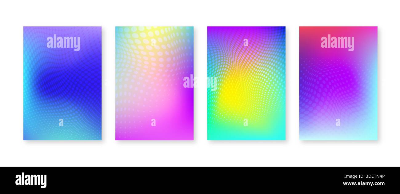 Bright color gradient cover set with geometric halftone dots pattern Stock Vector