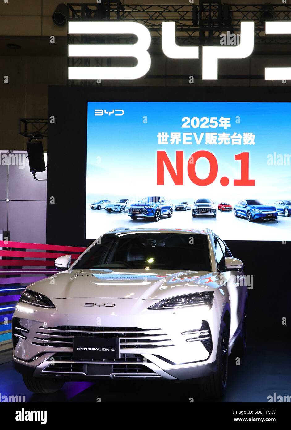 Chiba, Japan. 9th Jan, 2026. BYD Auto Japan displays the newly released plug-in hybrid vehicle 'Sealion 6' at an annual custom car show 'Tokyo Auto Salon 2026' in Chiba, suburban Tokyo on Friday, January 9, 2025. More than 250,000 people are expecting to visit a three-day auto show. (photo by Yoshio Tsunoda/AFLO) Stock Photo