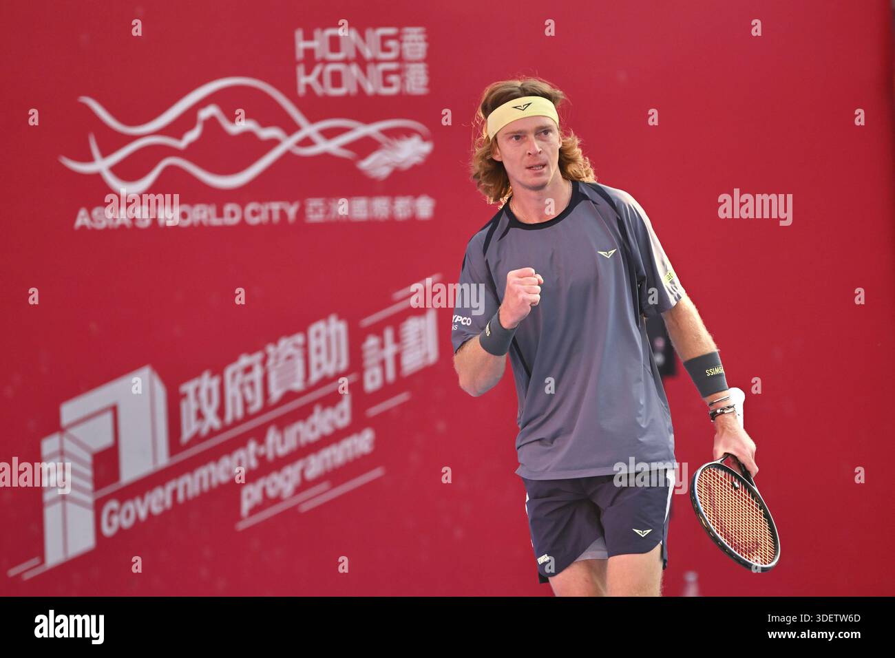 Andrey Rublev, a Russian tennis player, during a match at the Hong Kong ...