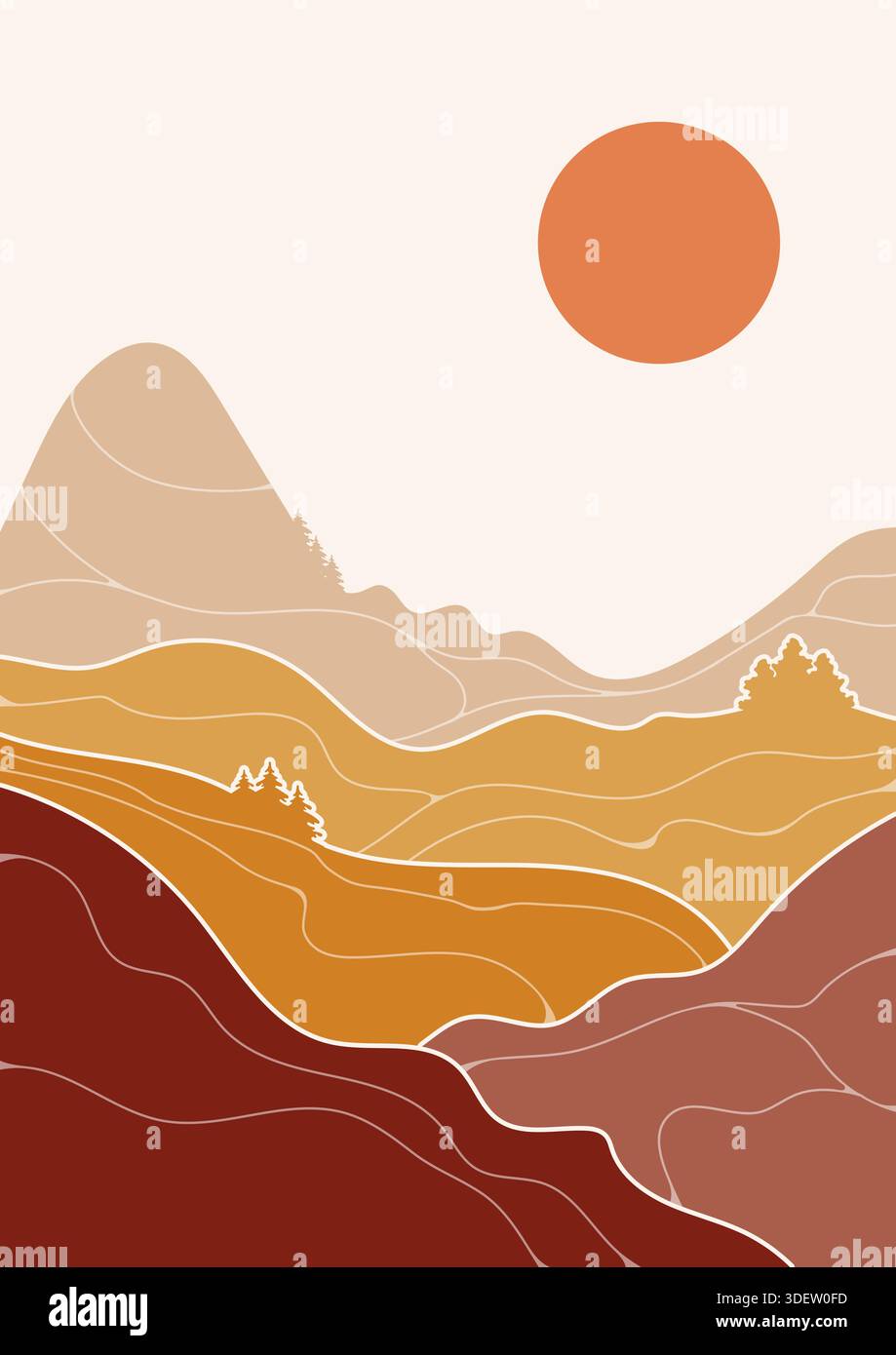 Boho Mountain and Sun Wall Art Abstract Decor Modern Home Decor Boho Poster Stock Vector