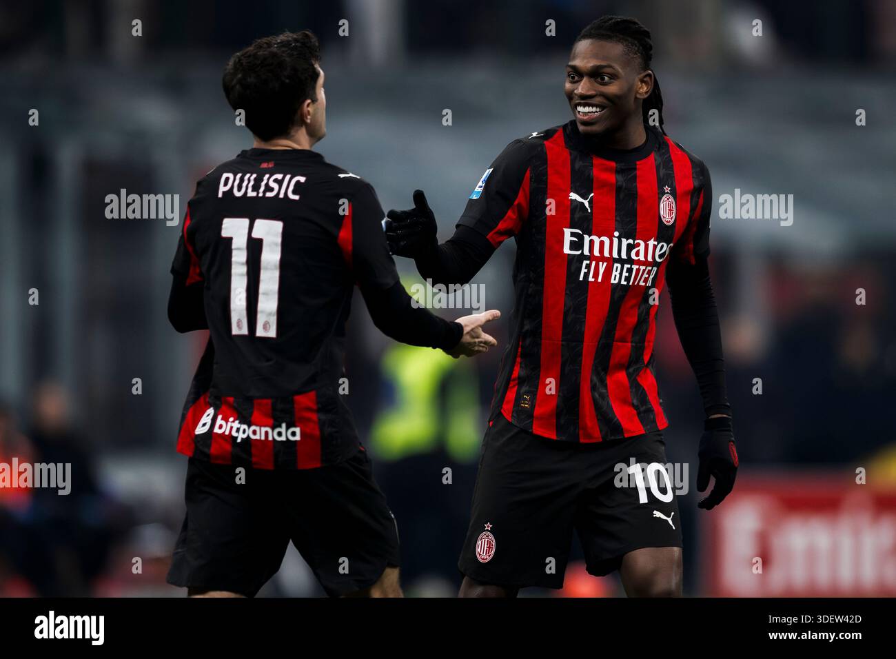 Christian Pulisic of AC Milan celebrates with Rafael Leao of AC Milan ...