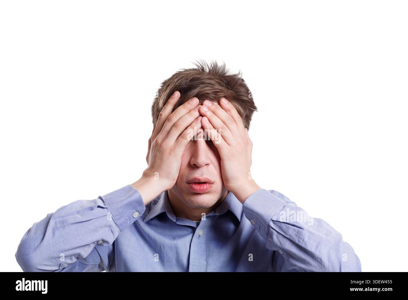 Shocked man covering eyes with palms, isolated on white Stock Photo - Alamy