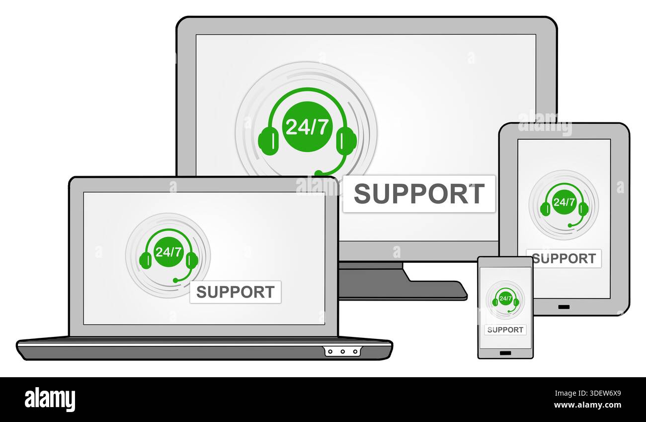 Support concept shown on different information technology devices Stock Photo