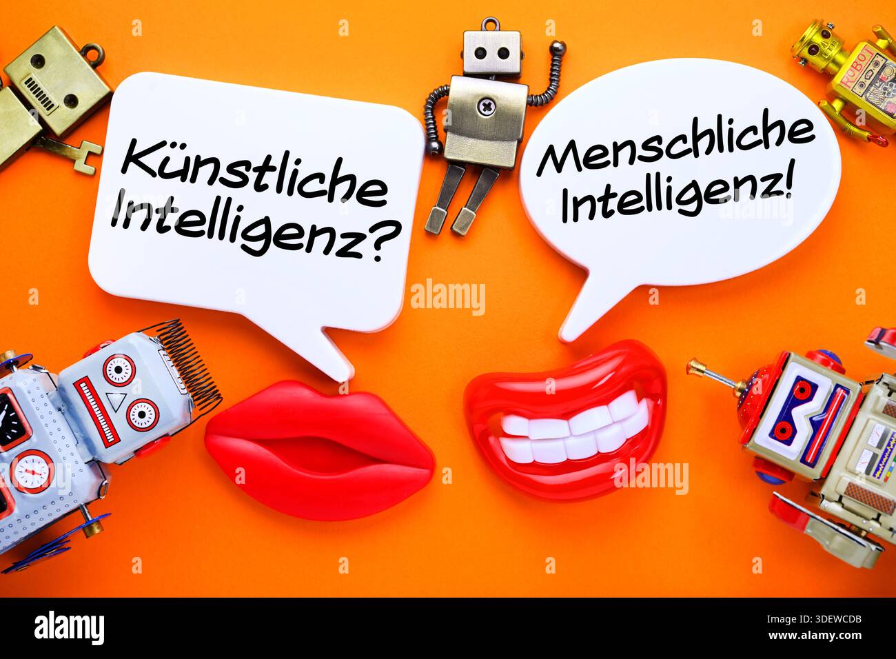 Mouths with speech bubbles and the words artificial intelligence and human intelligence, photomontage Stock Photo