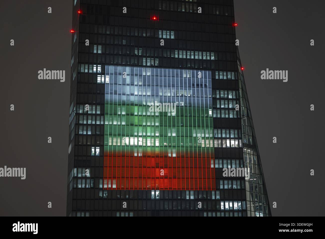The facade of the European Central Bank (ECB) in Frankfurt am Main will be illuminated with a light show to mark the introduction of the euro in Bulg Stock Photo