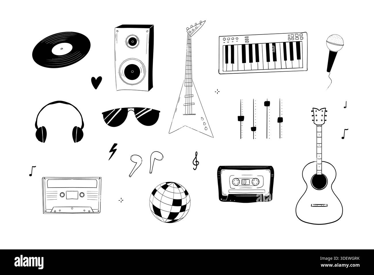 Music retro doodle set punk rock grunge design elements. Vintage