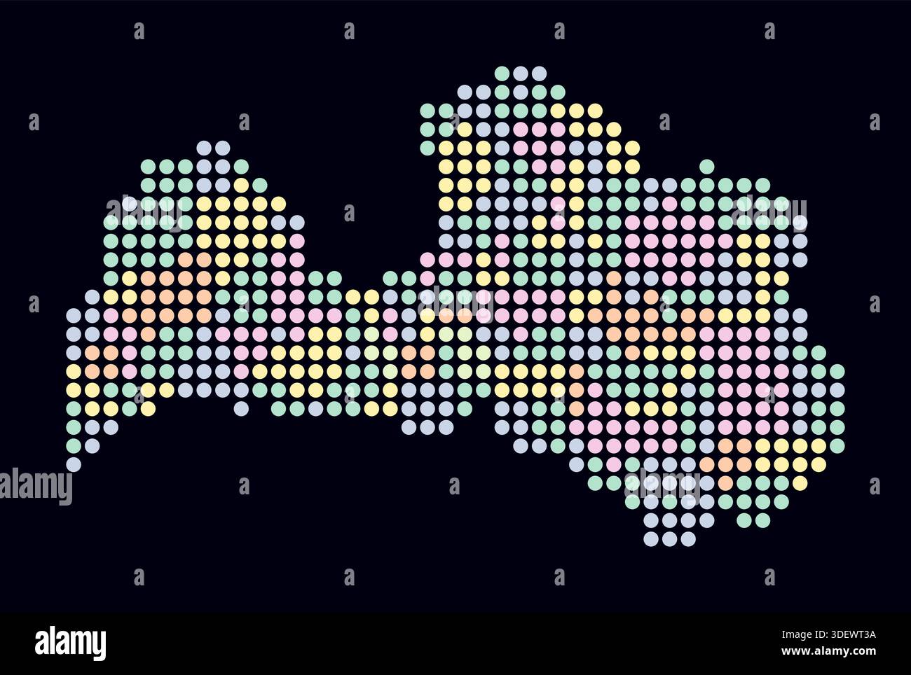 Latvia dotted map. Digital style map of the country on a dark background. Latvia shape with circle dots. Colored dots style. Large size circles. Stock Vector