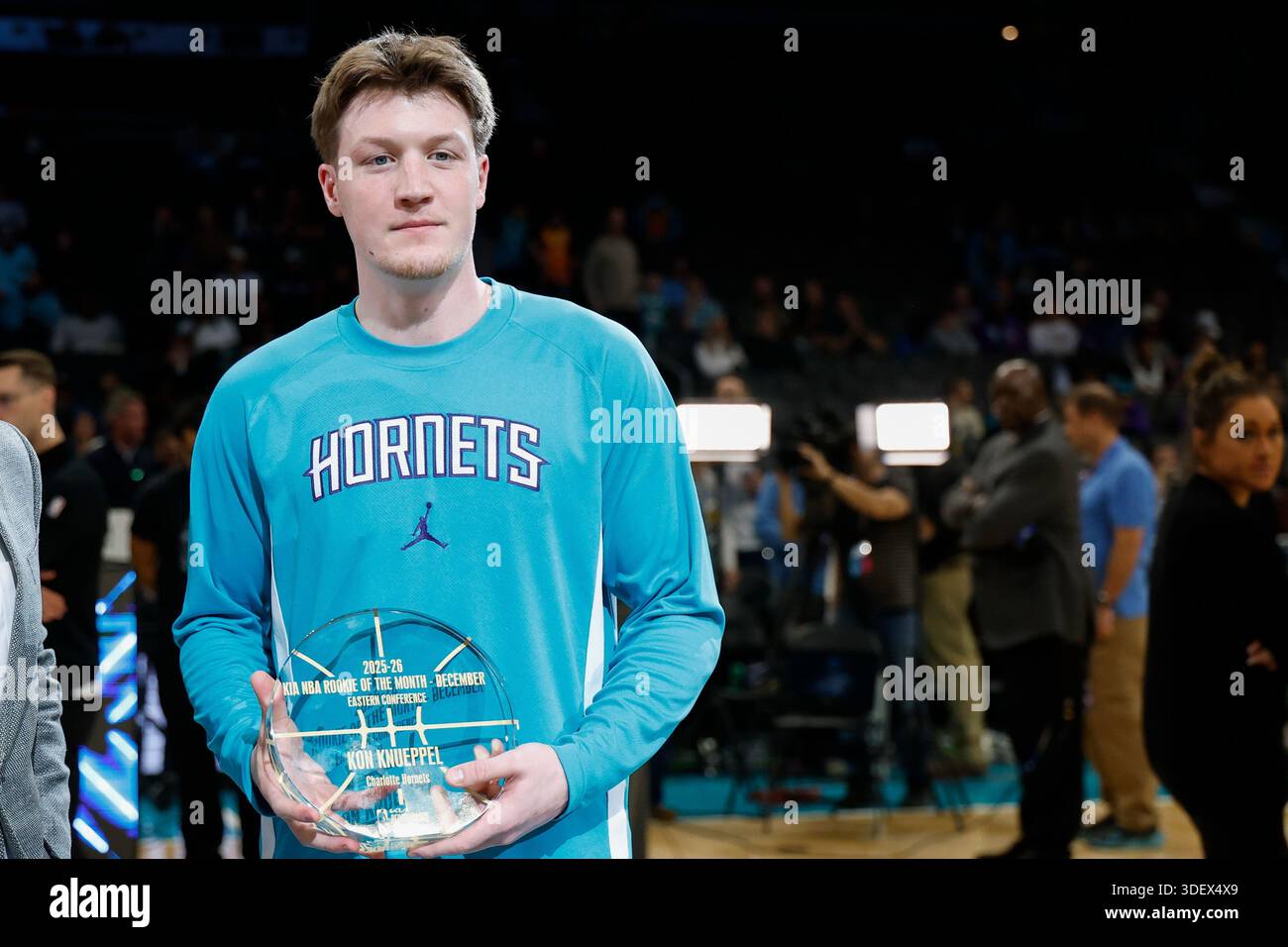 Charlotte Hornets guard Kon Knueppel holds his NBA Rookie of the Month ...
