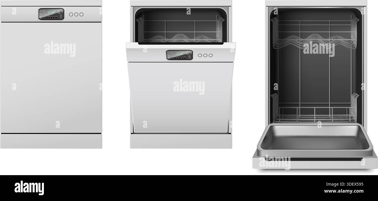 realistic vector illustration. Dishwashing machine closed, half open and open empty. Isolated on white background. Stock Vector