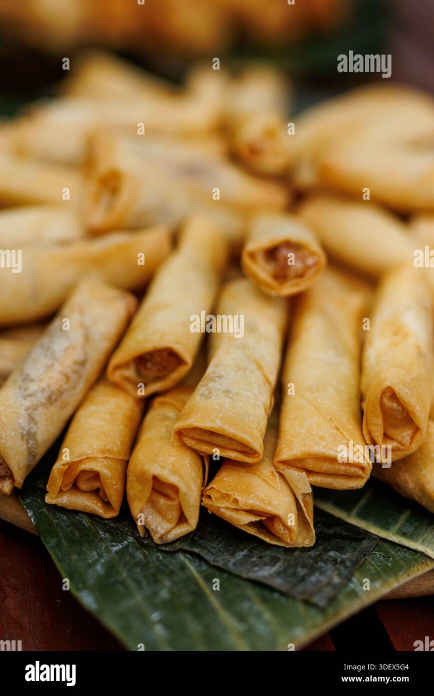 Golden fried spring rolls stacked on a green leaf. Stock Photo