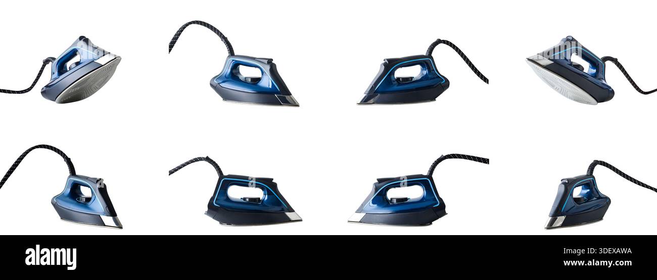 Collection of views of blue steam iron isolated on white background. Stock Photo