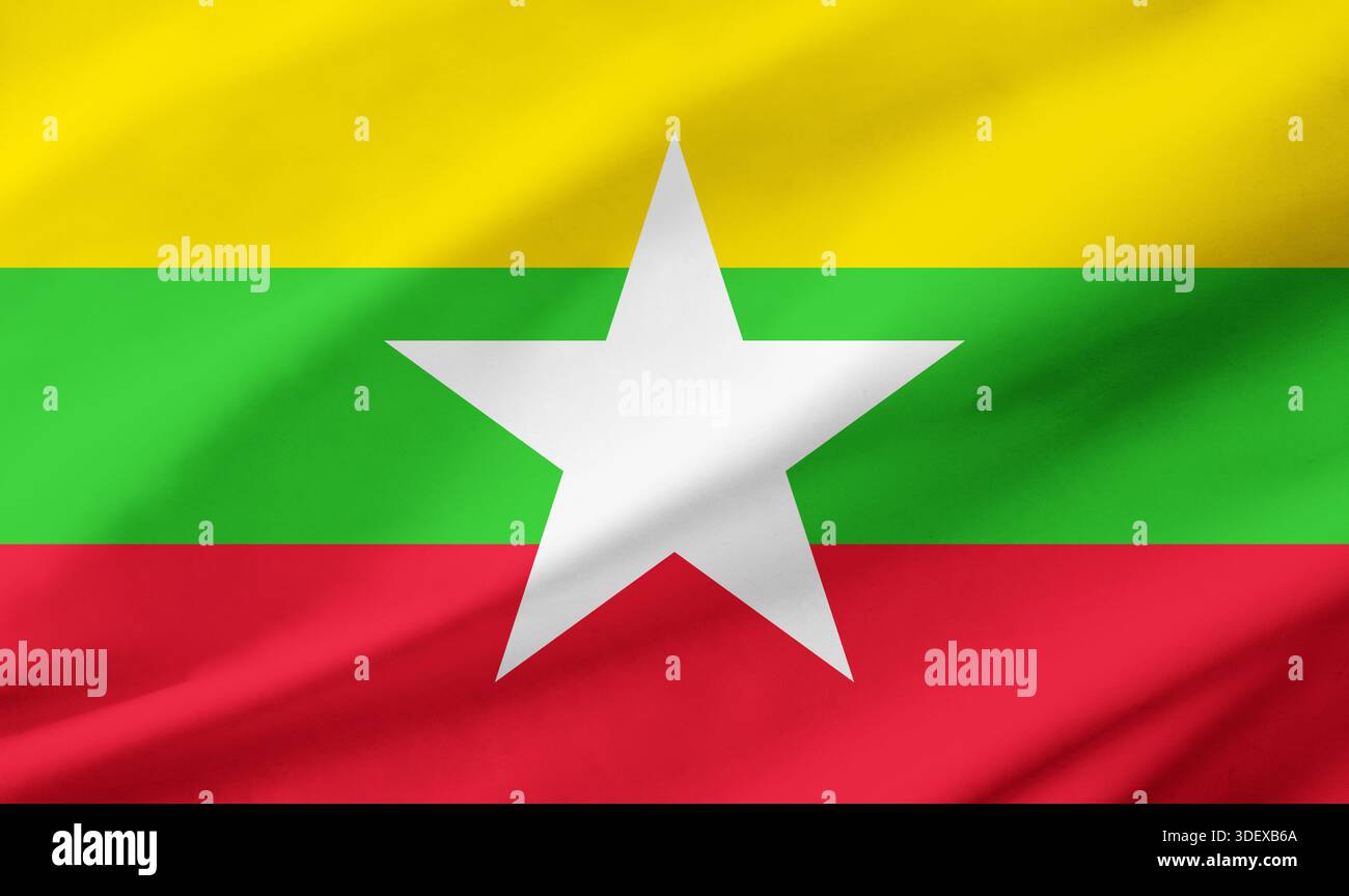 Background detail of Myanmar flag occupying the entire frame with waving fabric texture. Stock Photo