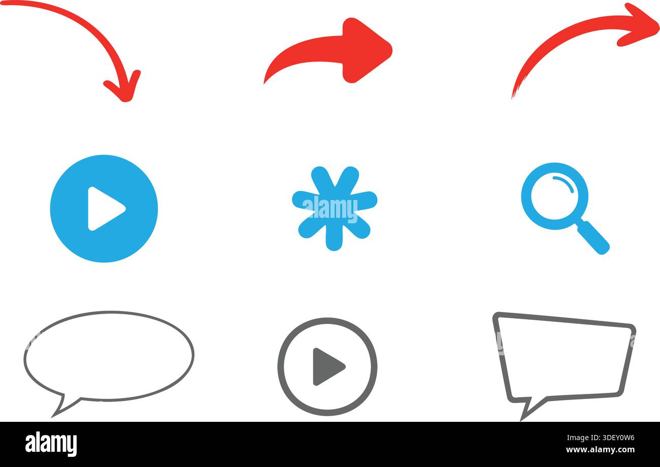 Flat UI Interface Icon Set with Arrows Search Play and Chat Stock Vector