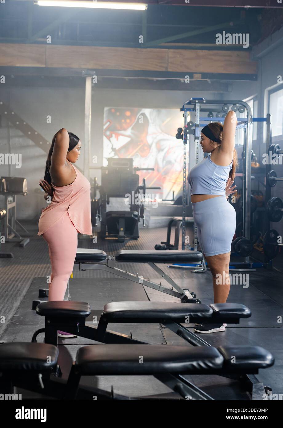 Diverse female workout partners stretching triceps in gym by bench and rack, wearing pink and blue Stock Photo