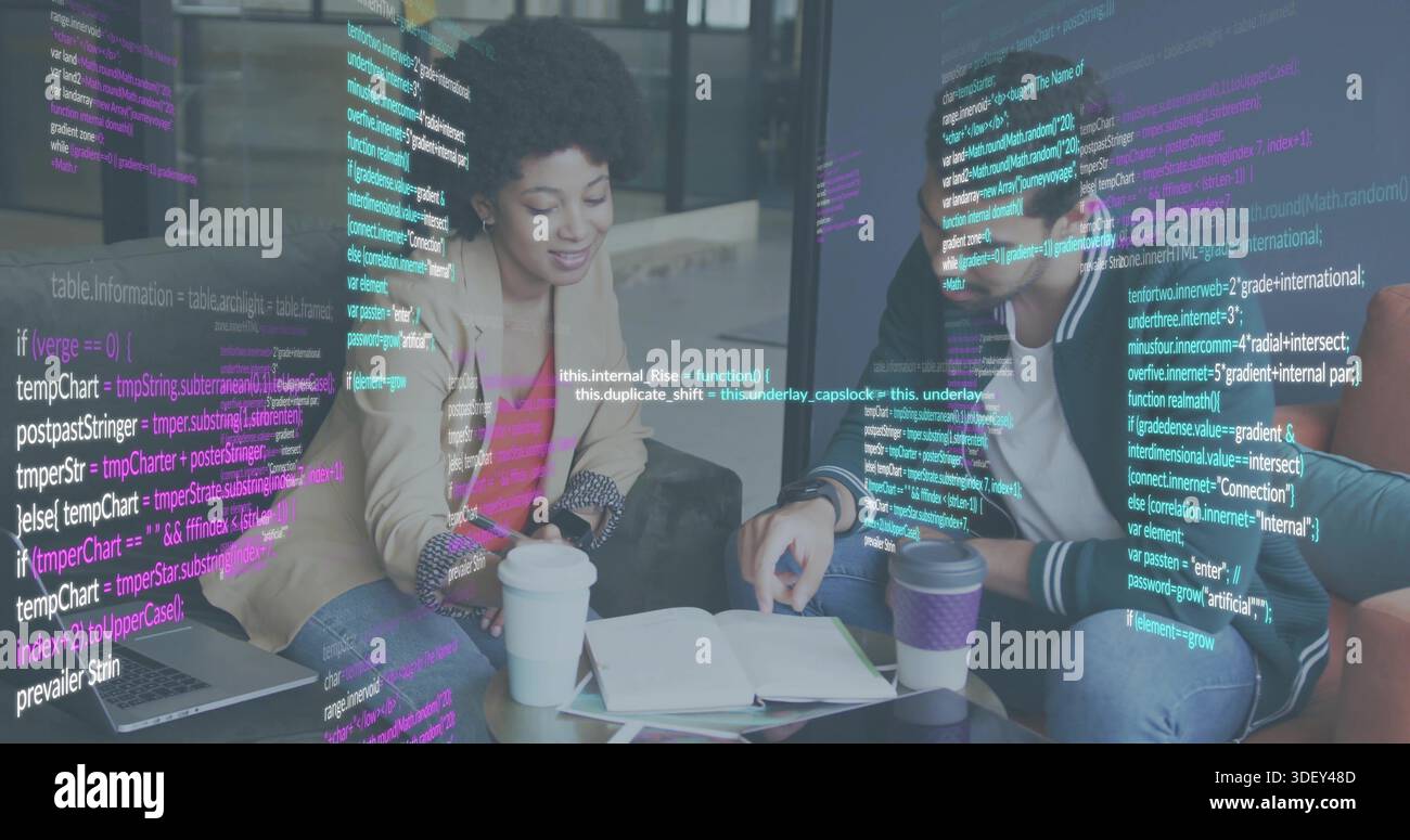 Reviewing notes, pair in beige blazer, bomber jacket pointing at notebook in cafe with AR code Stock Photo