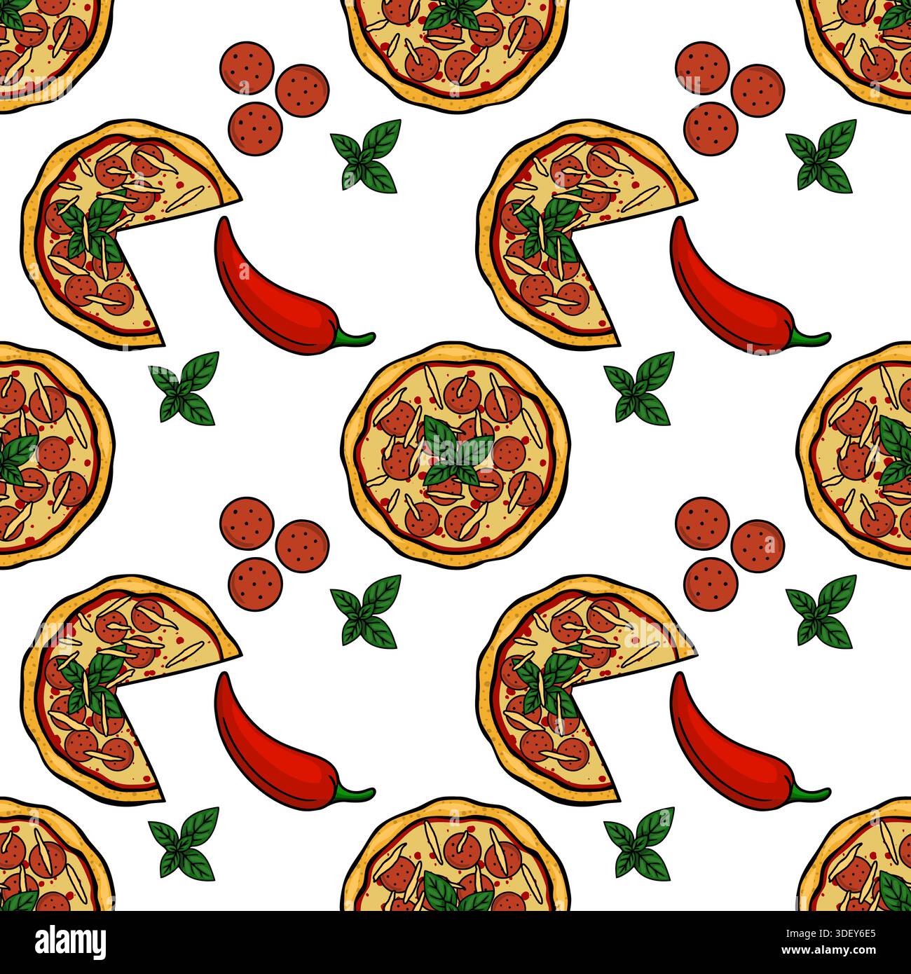 Pepperoni Pattern Delicious Pepperoni Pizza Slice and Ingredients vector pattern, vibrant ...