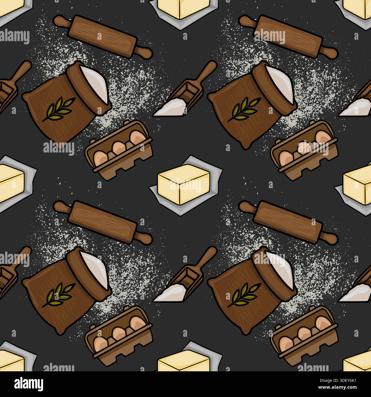Whimsical baking ingredients vector pattern with flour, eggs, butter, and rolling pins Stock Vector