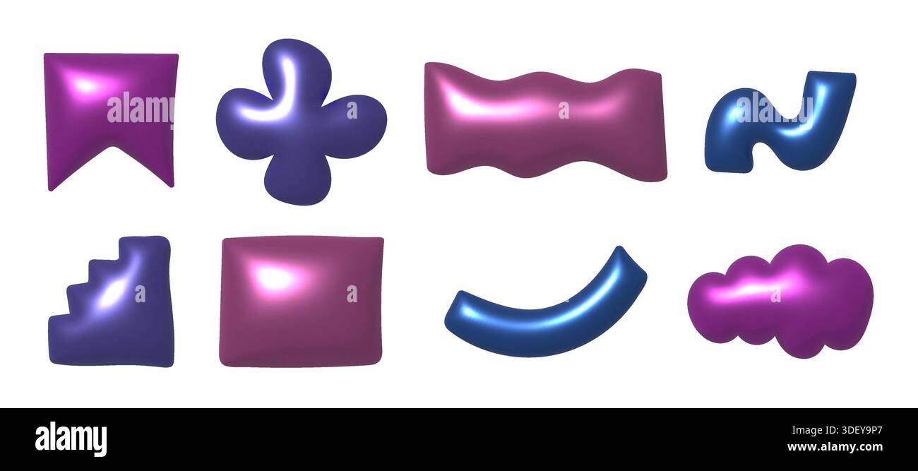3d metallic doodle vector shapes. Trendy render chrome decoration elements Stock Vector