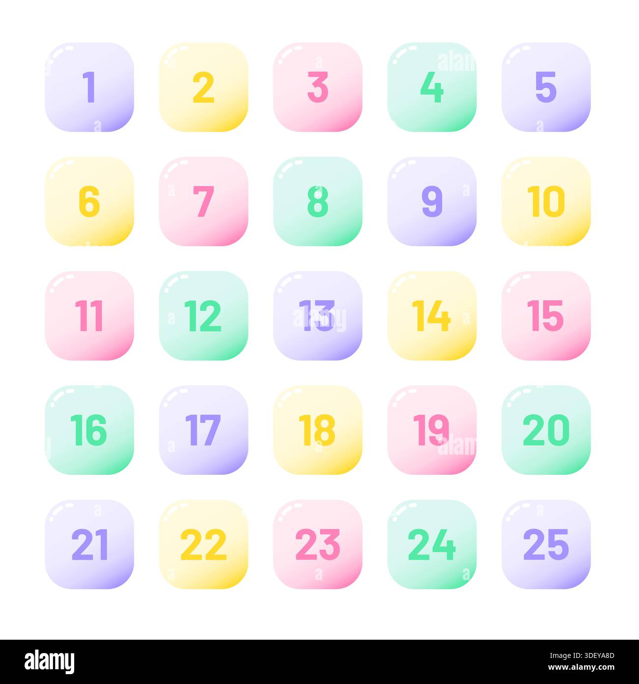 Number bullet points 1 to 25. Trendy gradient markers vector set Stock Vector