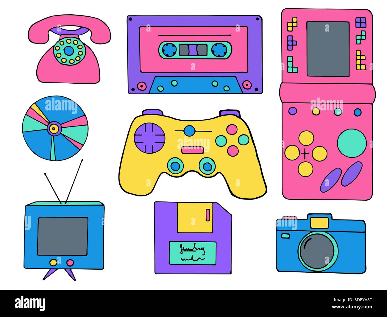 Cute doodle retro tech gadgets and devices set. Vintage digital illustration in 90s style Stock Vector