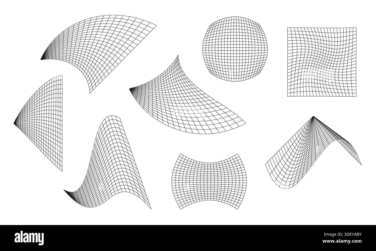 Distorted checkered grid collection. Line warped shapes Stock Vector