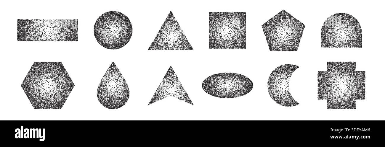 Dotted halftone geometric shapes set. Sand effect stipple dotwork Stock Vector