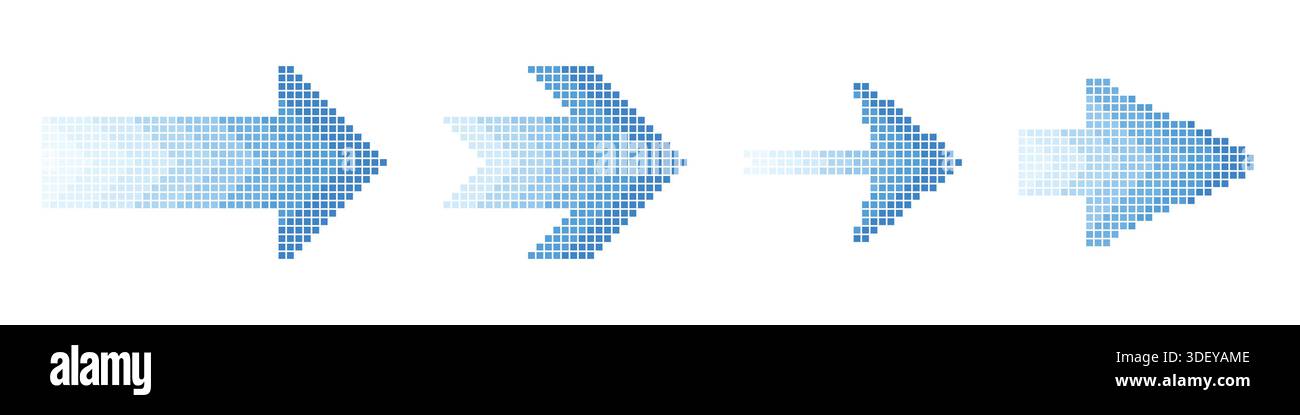 Halftone pixel blue arrow set. Colorful pixel gradient cursor design collection Stock Vector