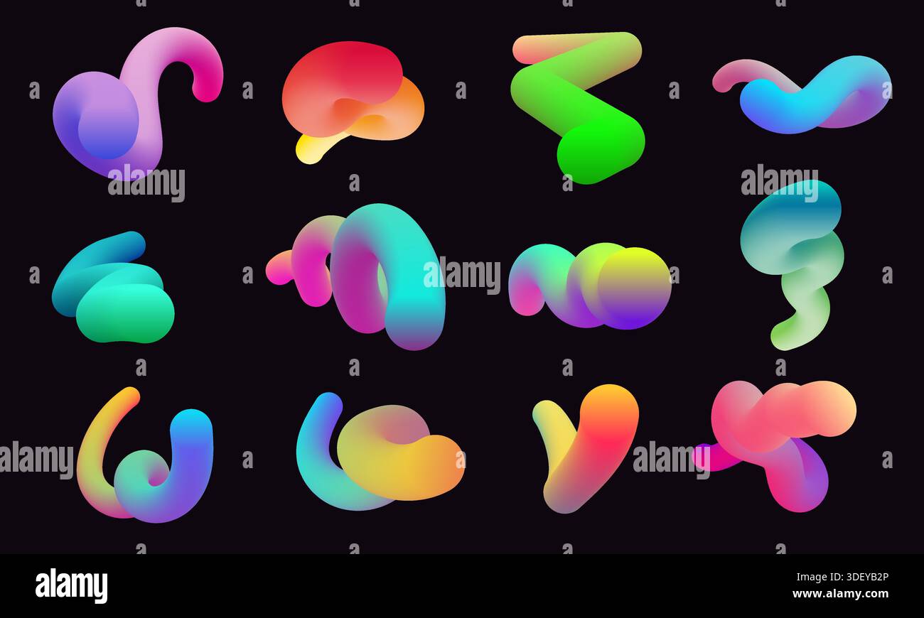 Modern 3d shapes collection isolated on black background. Fluid gradient blend vector Stock Vector