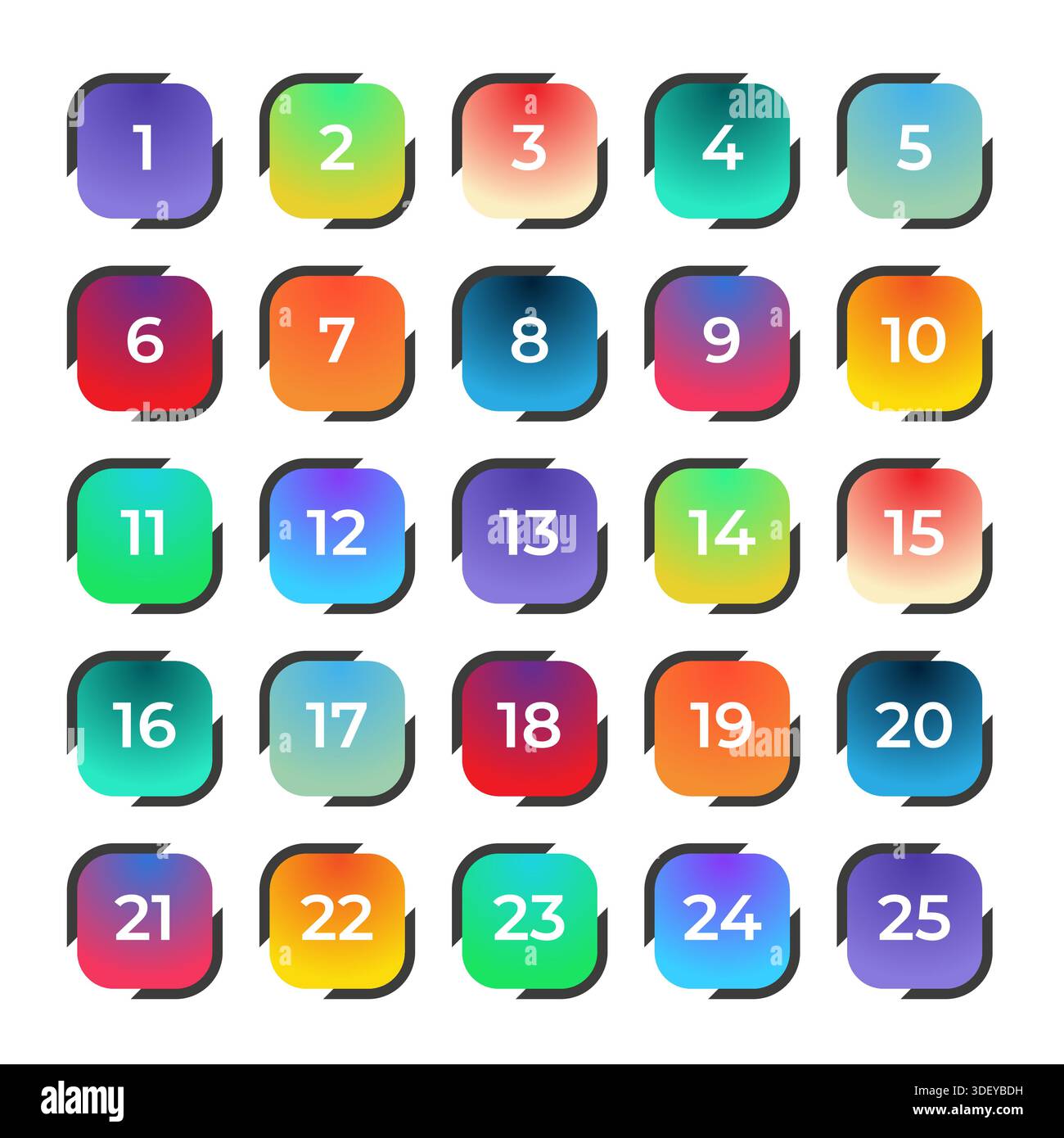 Number bullet points 1 to 25. Trendy gradient markers vector set Stock Vector