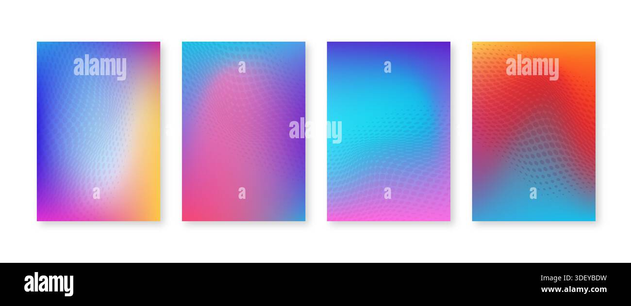 Bright color gradient cover set with geometric halftone dots pattern Stock Vector