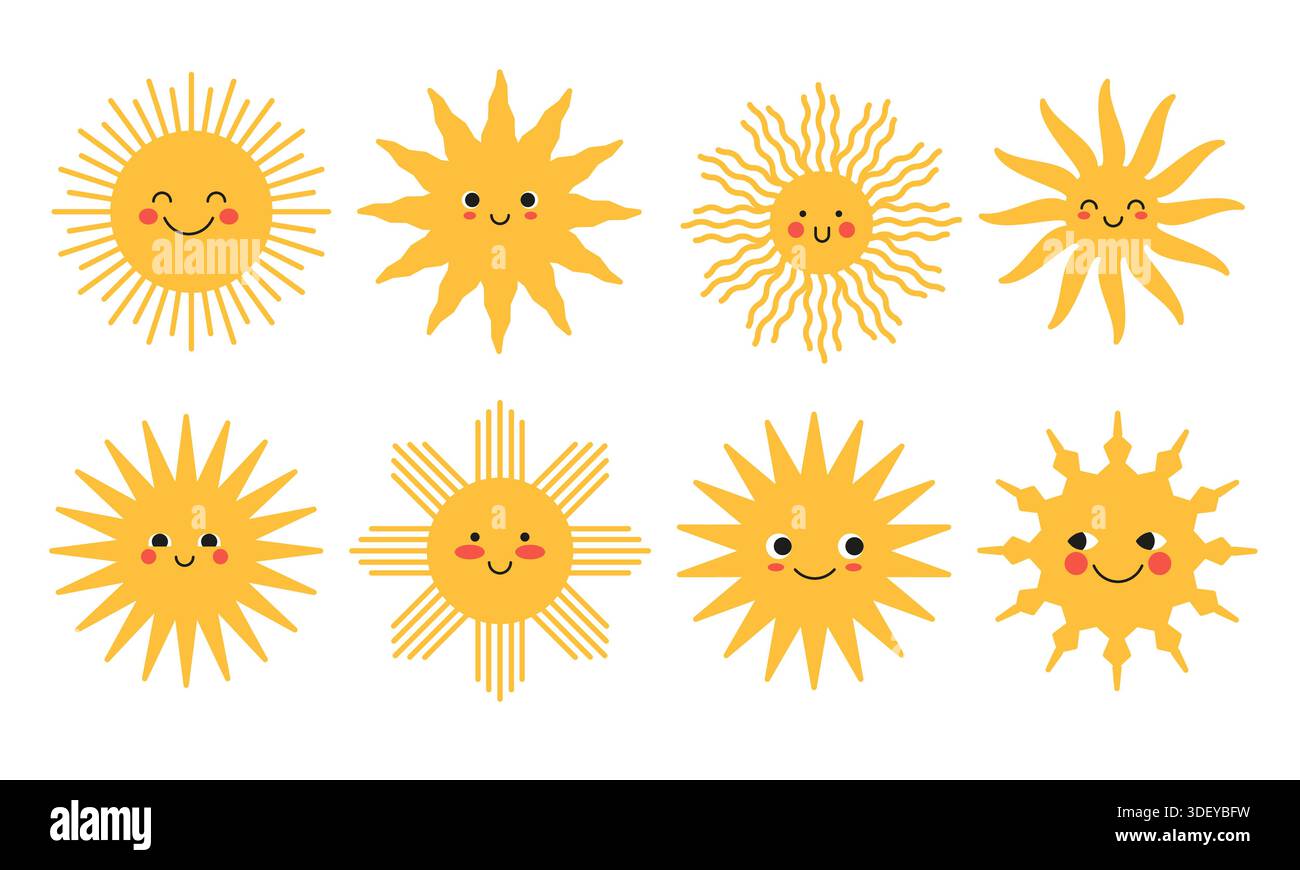Cute yellow sun collection Stock Vector