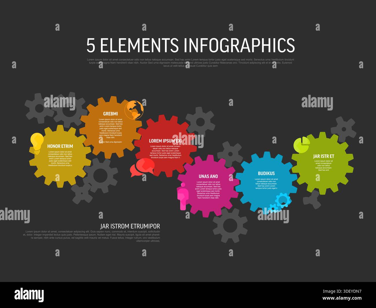 An infographic with five interconnected elements using colorful interlocking gears on a dark background. Infographic visualizes five distinct concepts Stock Vector