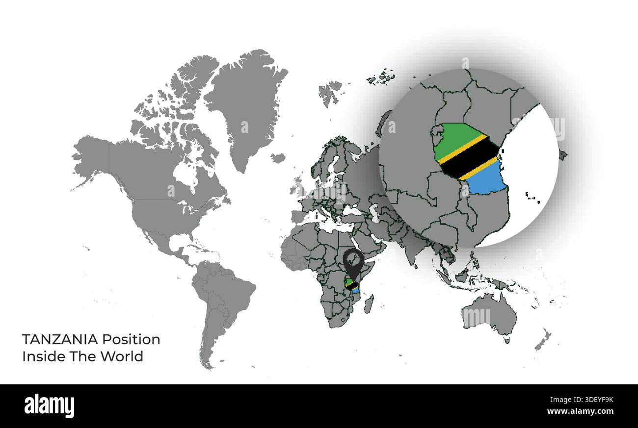 TANZANIA Position Inside the World with Flag in Map Stock Vector