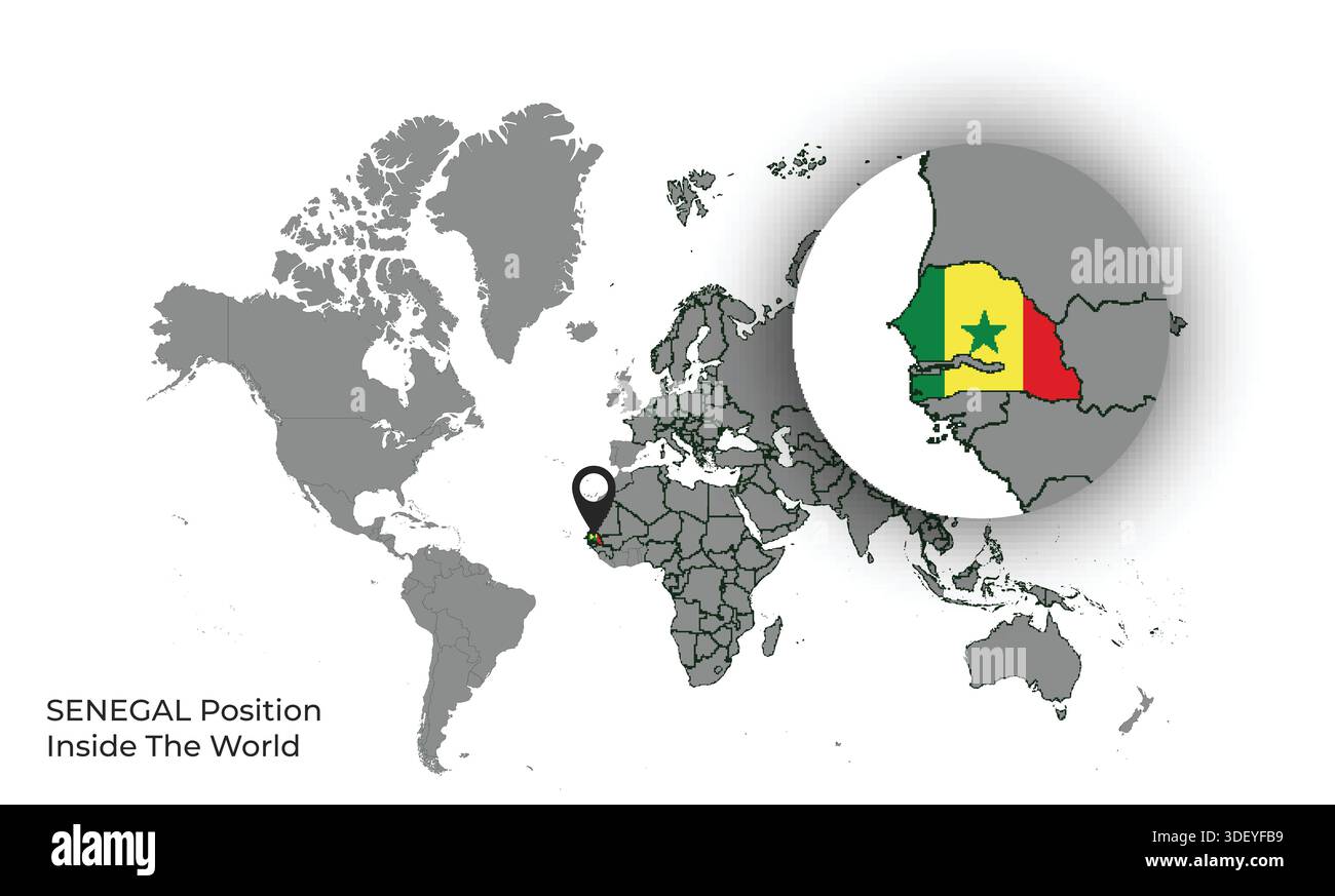 SENEGAL Position Inside the World with Flag in Map Stock Vector
