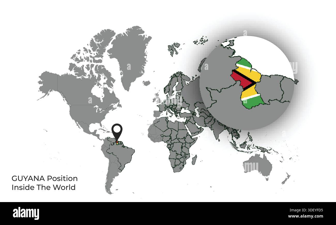GUYANA Position Inside the World with Flag in Map Stock Vector