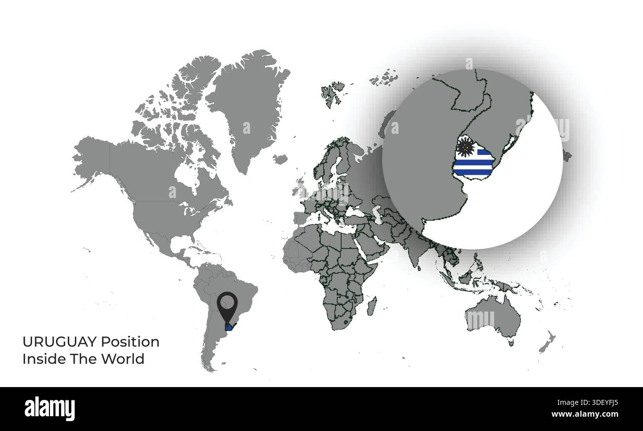 Uruguay Position Inside the World with Flag in Map Stock Vector
