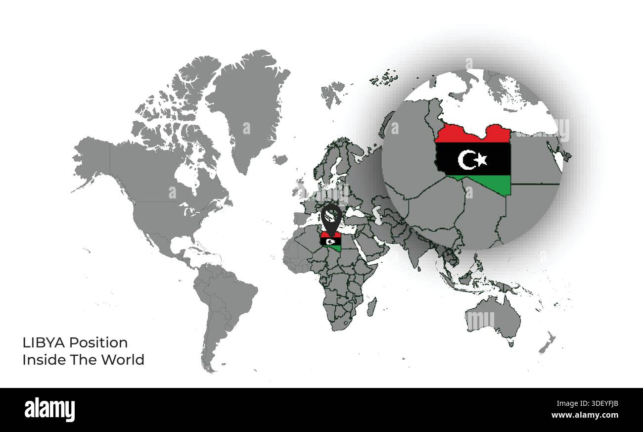 LIBYA Position Inside the World with Flag in Map Stock Vector