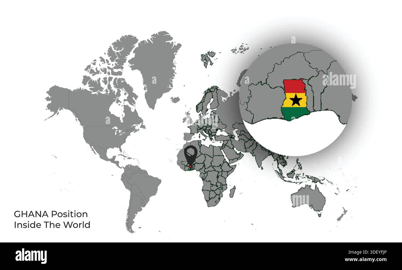 GHANA Position Inside the World with Flag in Map Stock Vector