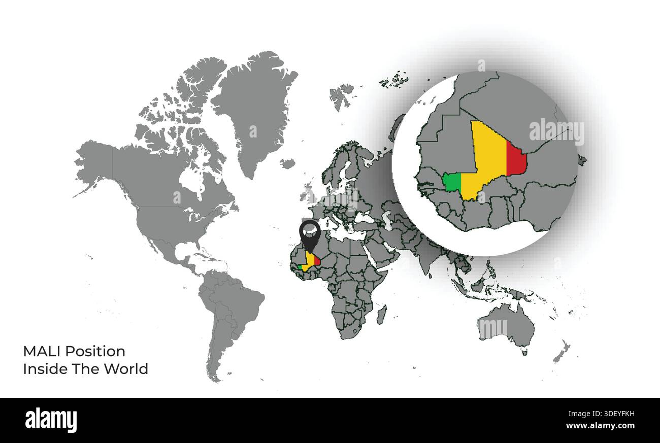 MALI Position Inside the World with Flag in Map Stock Vector