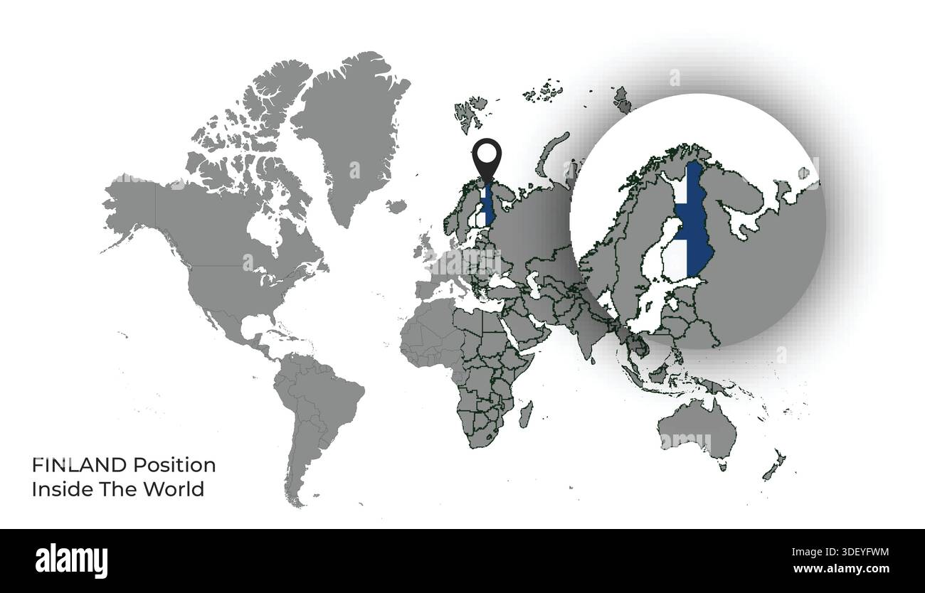 FINLAND Position Inside the World with Flag in Map Stock Vector