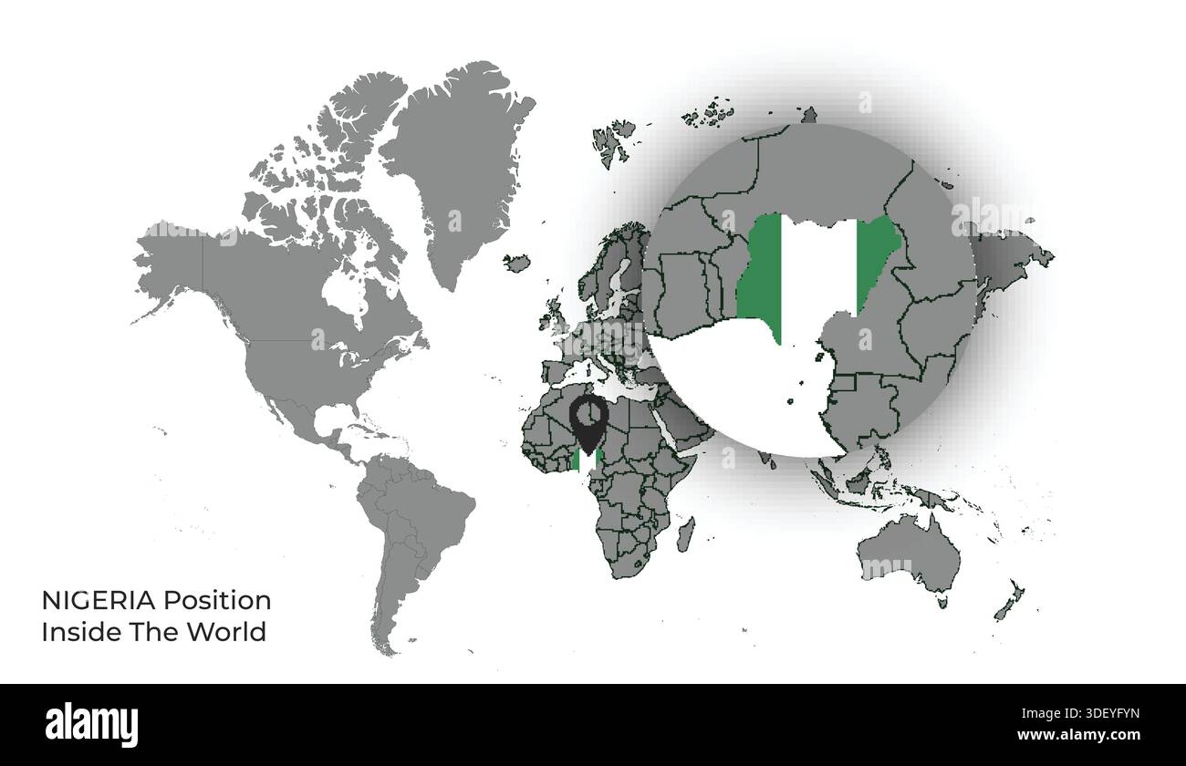 Nigeria Position Inside the World with Flag in Map Stock Vector
