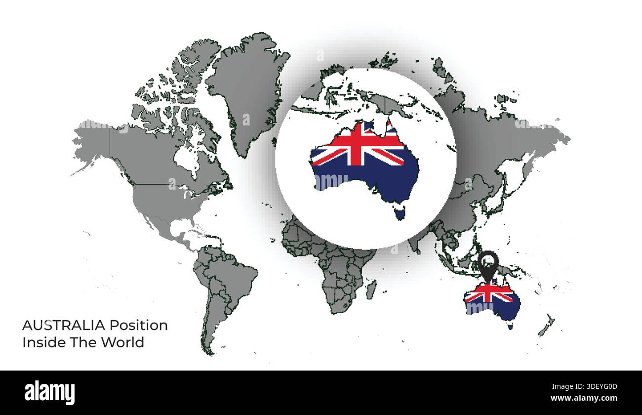 AUSTRALIA Position Inside the World with Flag in Map Stock Vector